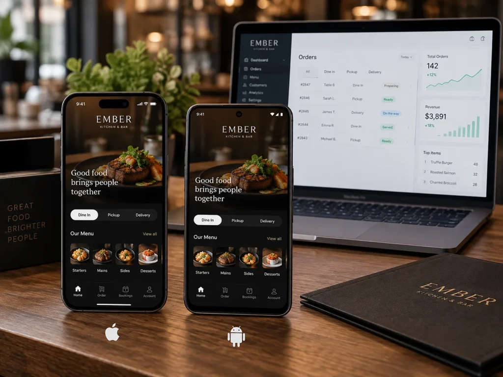 appyBuild branded app on phones next to its admin dashboard