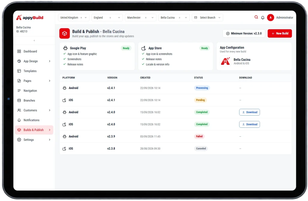 appyBuild build and publish screen on a tablet