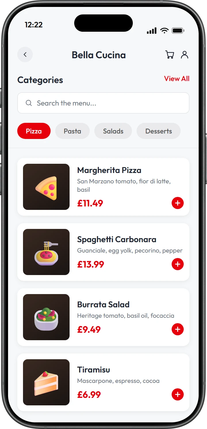 Customer app menu screen