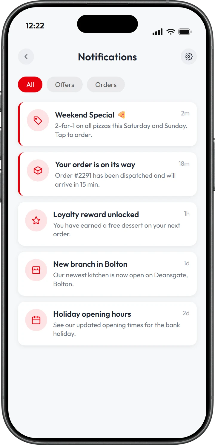 Customer app notification inbox