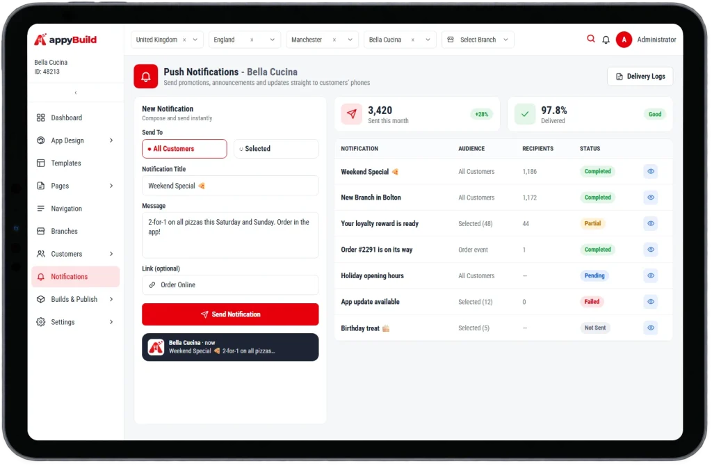 appyBuild push notifications screen on a tablet