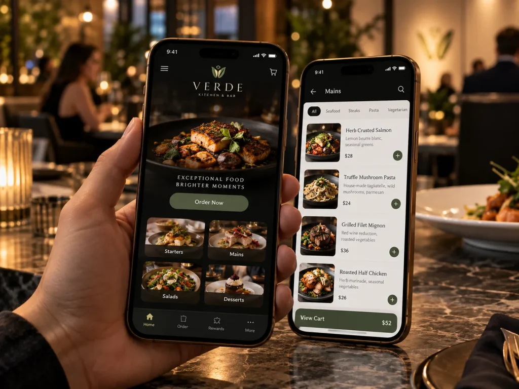 Branded restaurant app showing menu categories on two phones