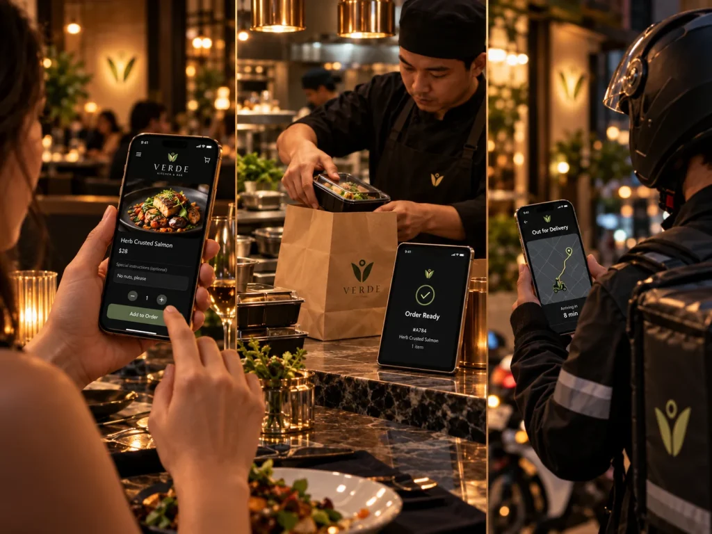 Ordering, kitchen pickup and delivery tracking on the app