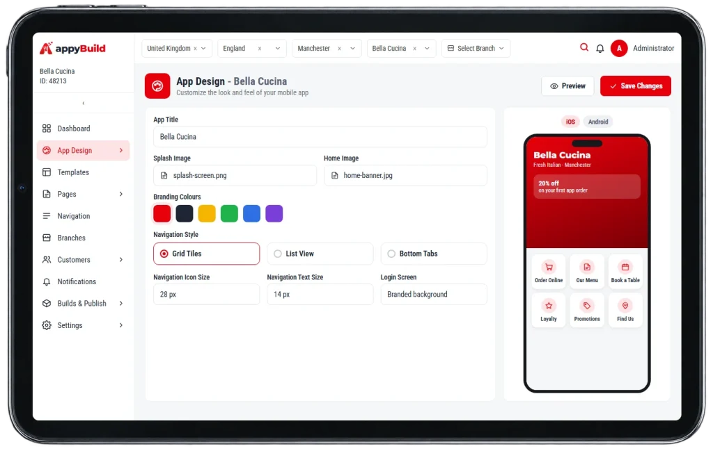 appyBuild app design screen on a tablet