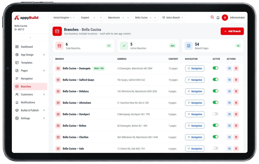 appyBuild branches management screen on a tablet