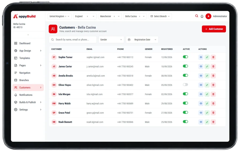appyBuild customer management screen on a tablet