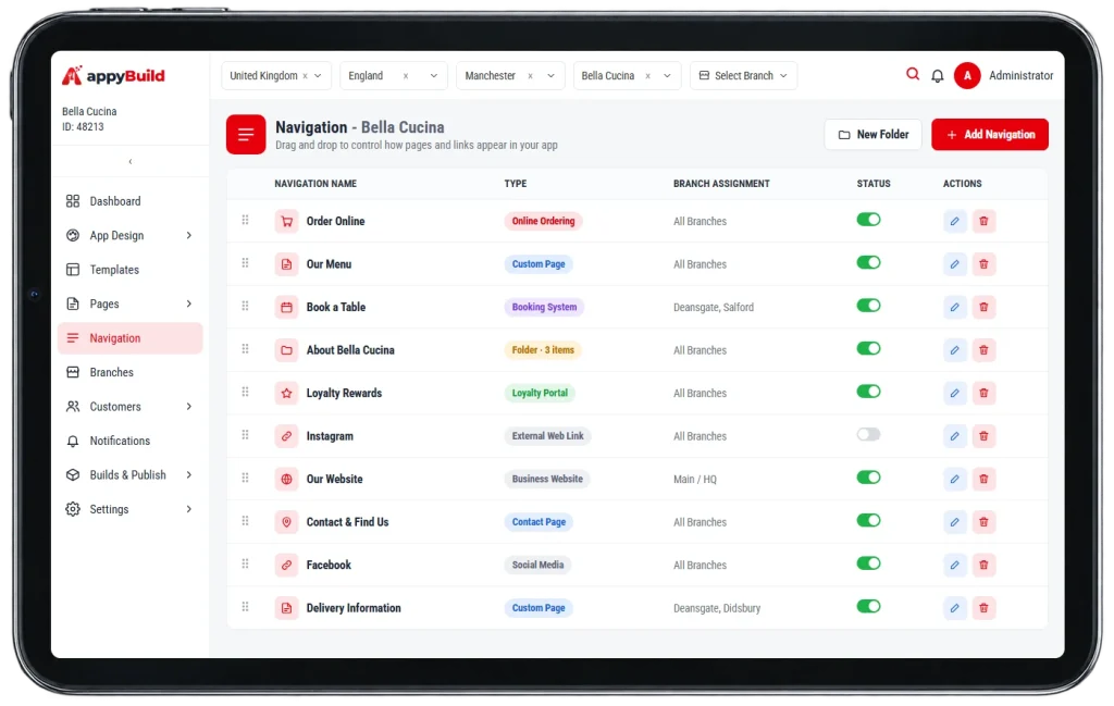 appyBuild app navigation manager on a tablet