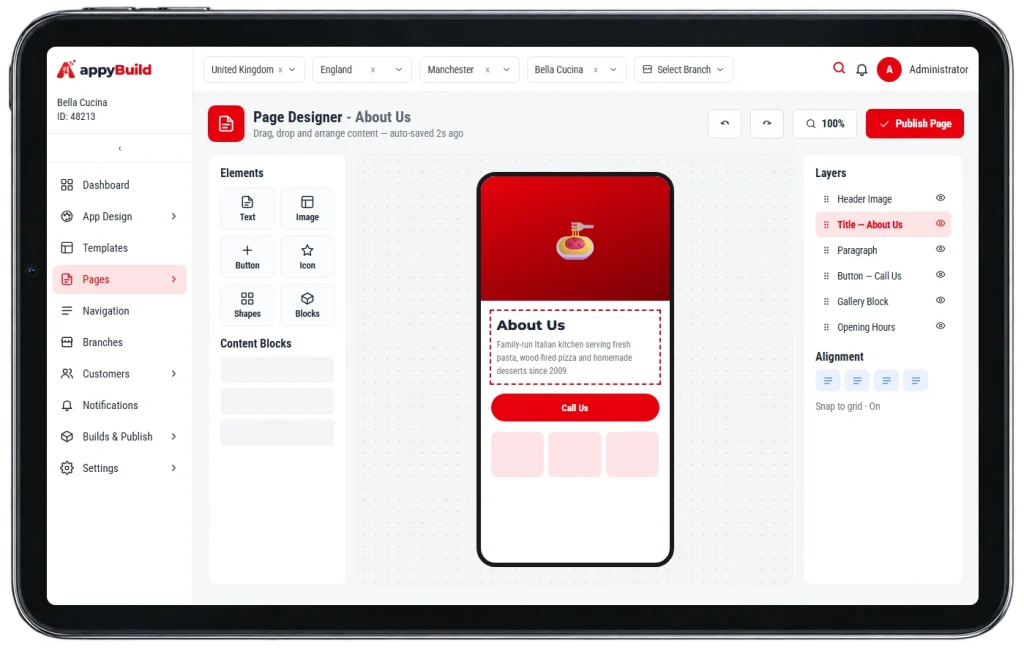 appyBuild drag and drop page designer on a tablet
