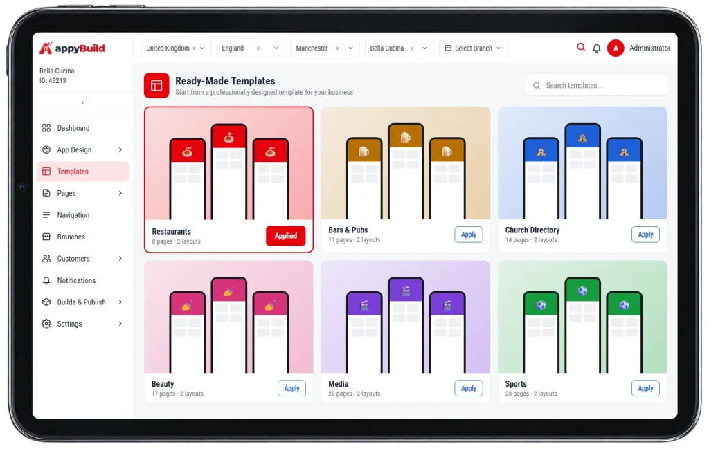 appyBuild ready-made templates on a tablet